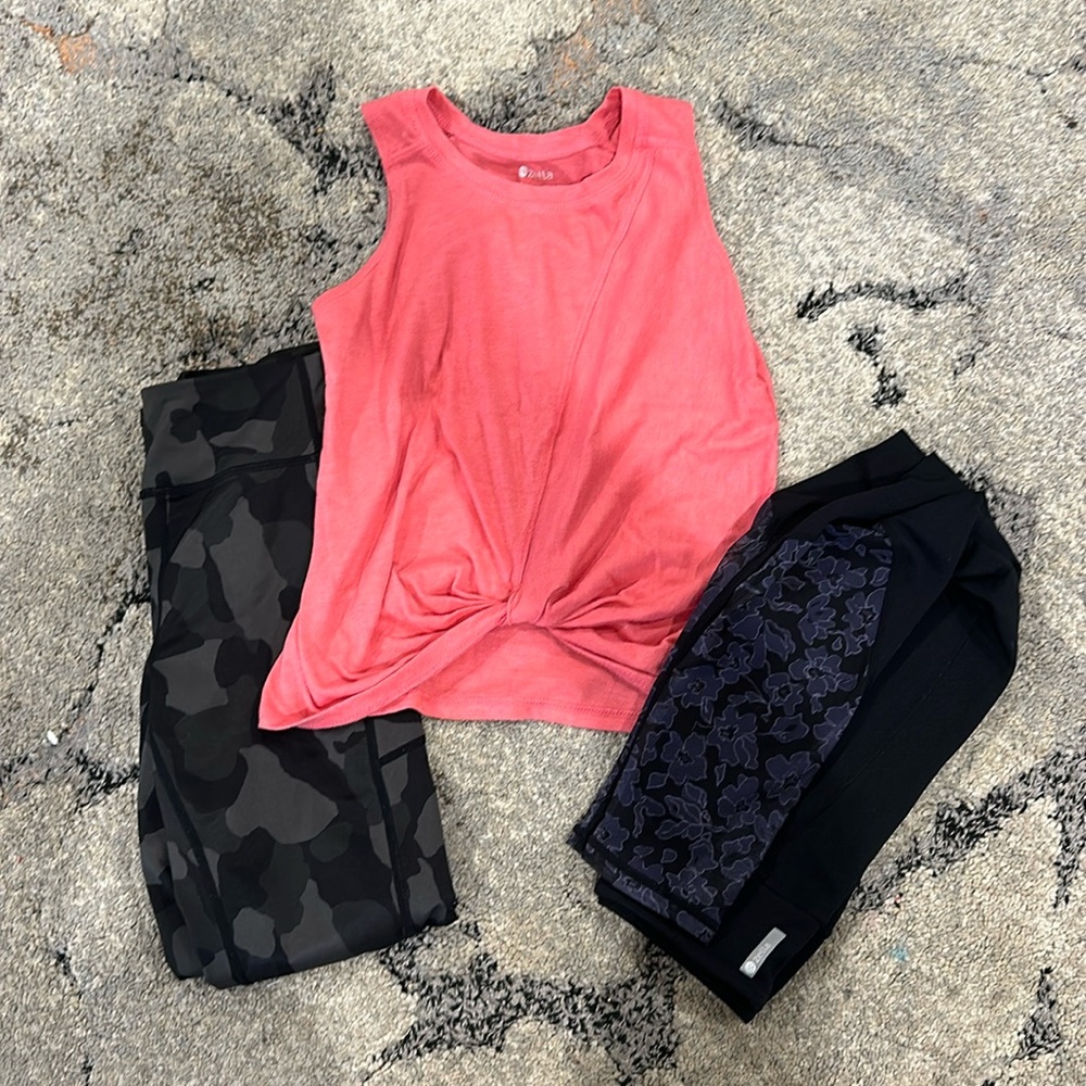 Zella bundle- top and black leggings size 7/8.  Camouflage leggings size 8/10